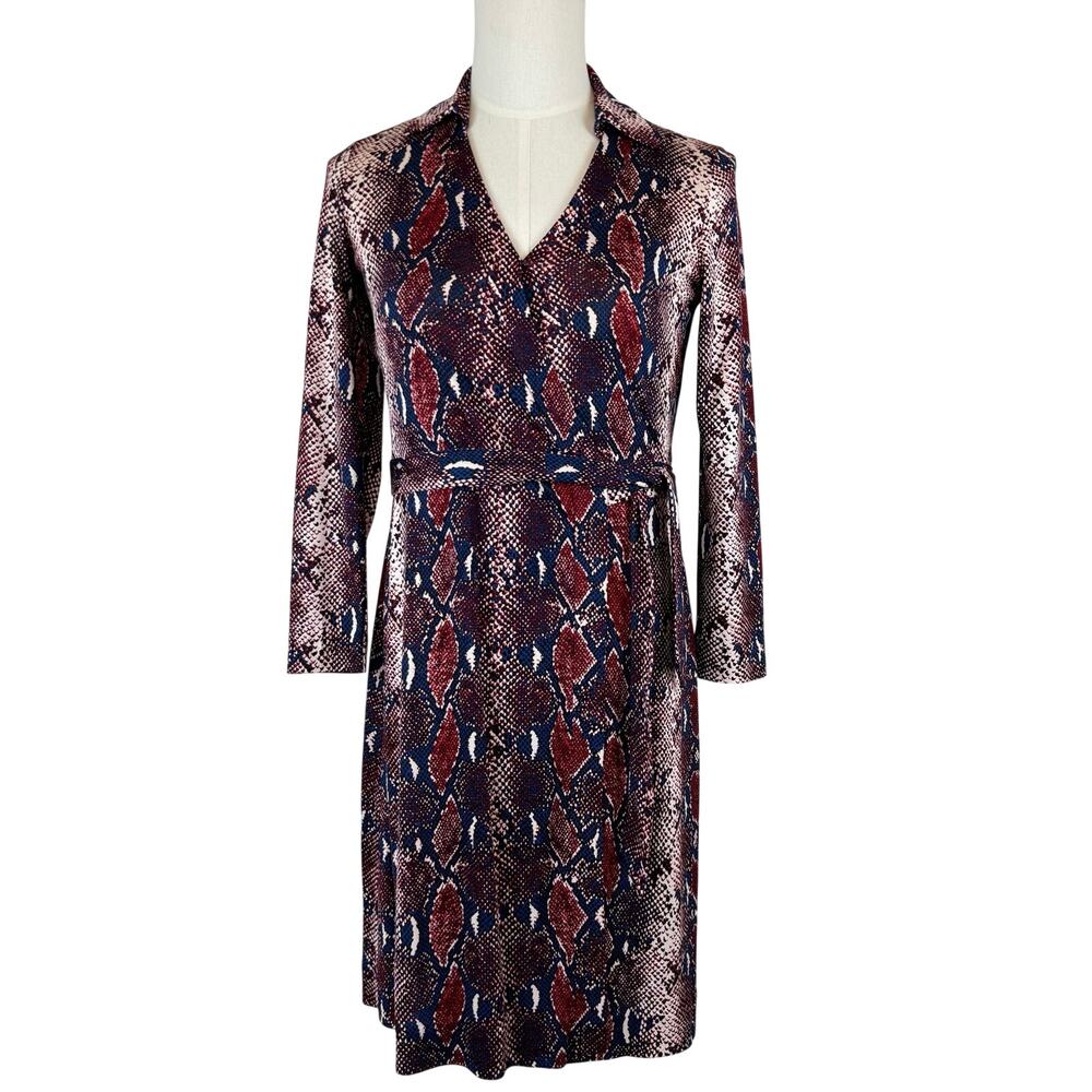 Diane von Furstenberg New Jeanne Silk Jersey Wrap Dress in Python Red/Navy  8